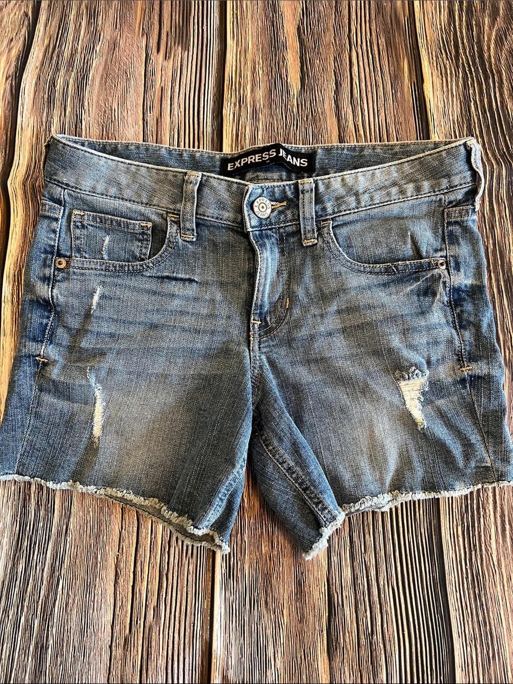 Express Mid-Rise Distressed Denim Jean Shorts - Blue